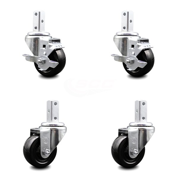 3 Inch Hard Rubber Wheel Swivel 3/4 Inch Square Stem Caster Brakes SCC, 2PK